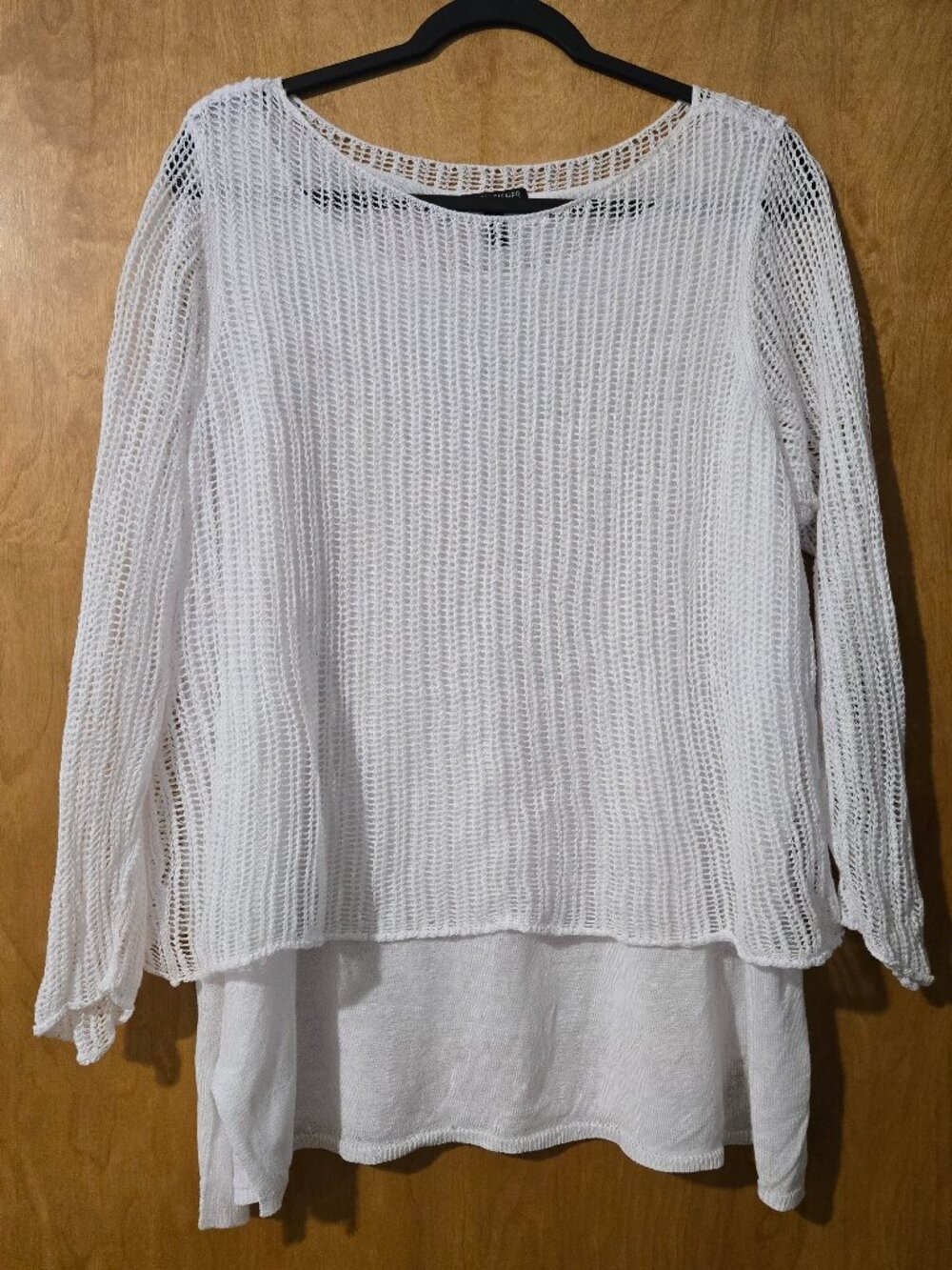 EILEEN FISHER Linen Knit Mesh Overlay Tiered Layered Sweater Top White 1X
